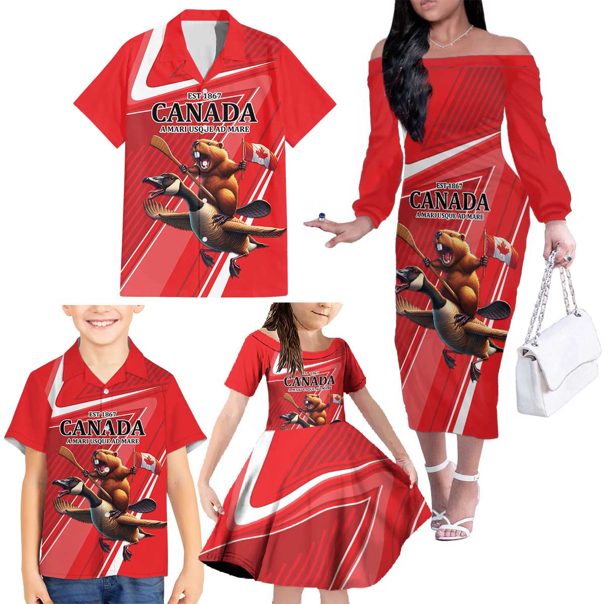 Personalized Beaver and Goose Happy Canada Day Family Matching Off The Shoulder Long Sleeve Dress and Hawaiian Shirt Est 1867 A Mari Usque Ad Mare