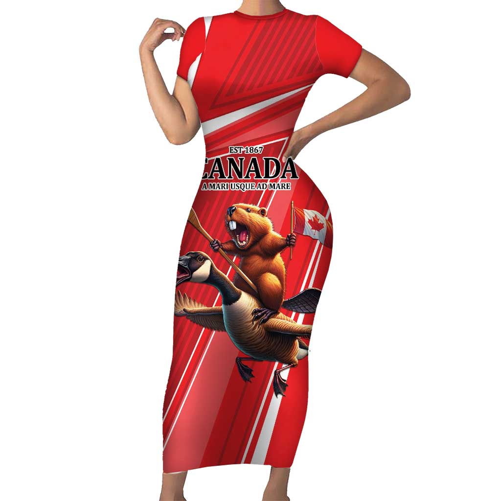 Personalized Beaver and Goose Happy Canada Day Family Matching Short Sleeve Bodycon Dress and Hawaiian Shirt Est 1867 A Mari Usque Ad Mare