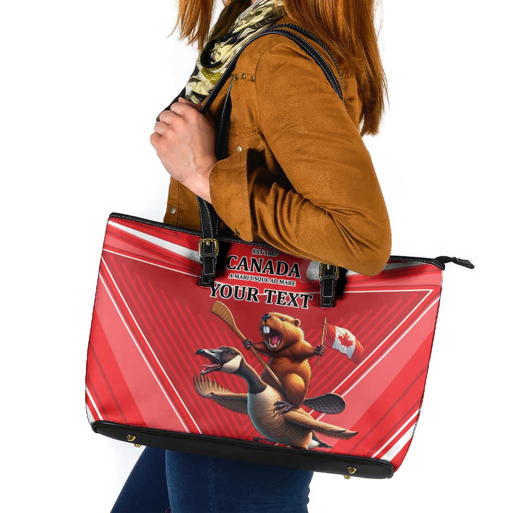 Personalized Beaver and Goose Happy Canada Day Leather Tote Bag Est 1867 A Mari Usque Ad Mare