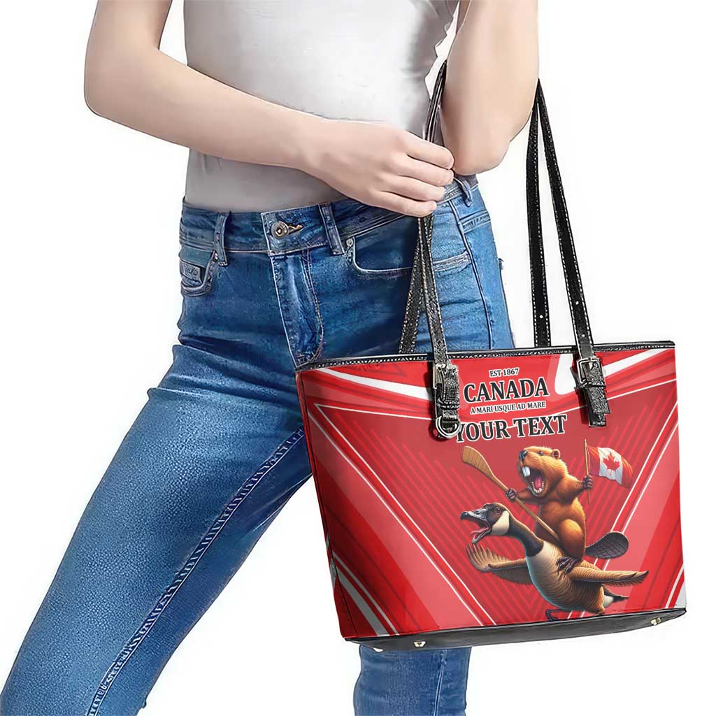 Personalized Beaver and Goose Happy Canada Day Leather Tote Bag Est 1867 A Mari Usque Ad Mare