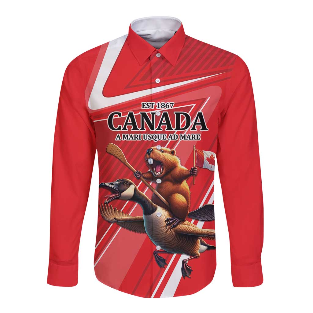 Personalized Beaver and Goose Happy Canada Day Long Sleeve Button Shirt Est 1867 A Mari Usque Ad Mare