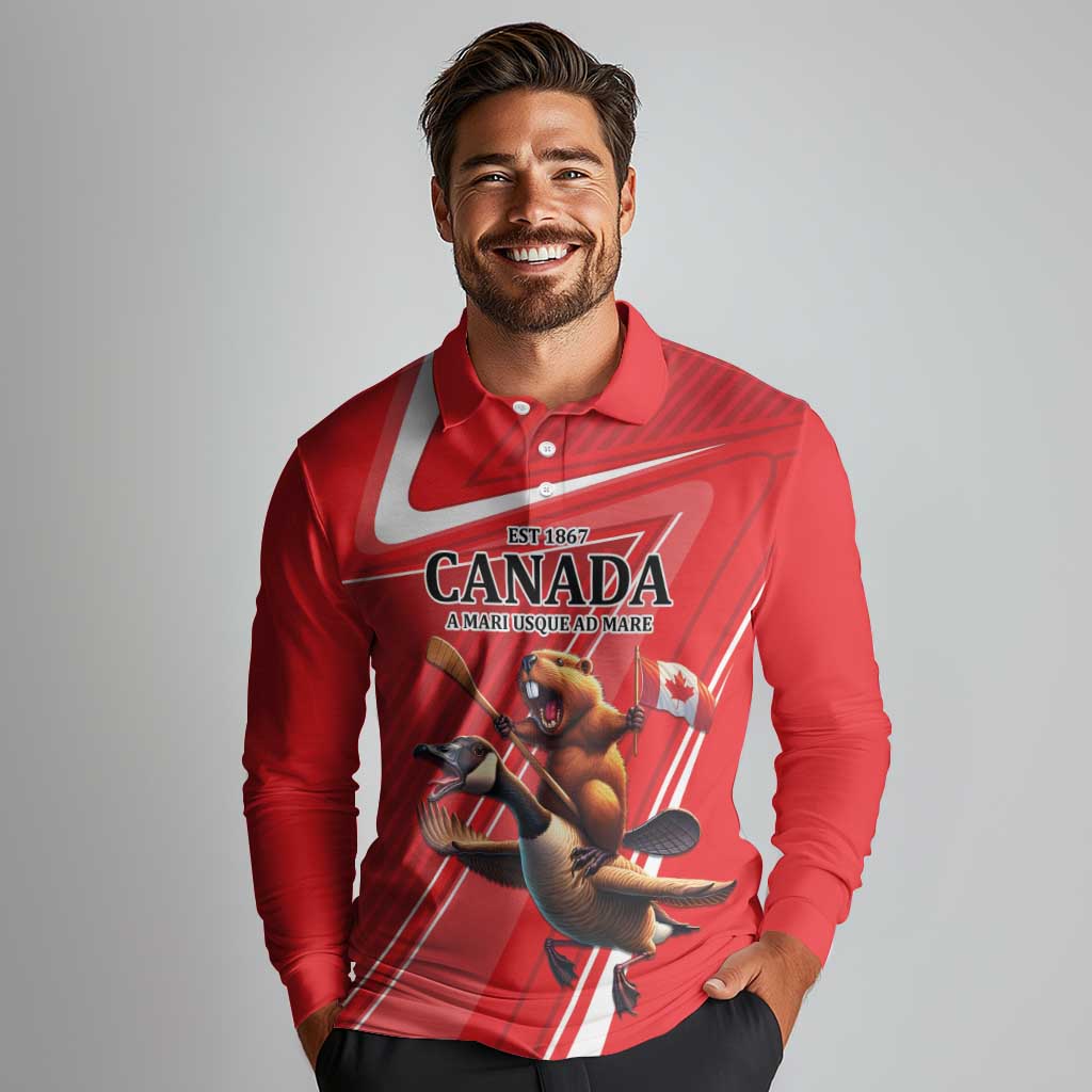 Personalized Beaver and Goose Happy Canada Day Long Sleeve Polo Shirt Est 1867 A Mari Usque Ad Mare