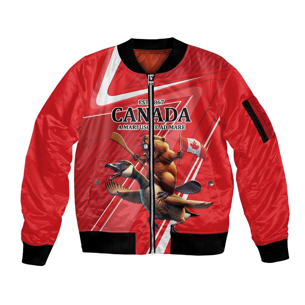 Personalized Beaver and Goose Happy Canada Day Sleeve Zip Bomber Jacket Est 1867 A Mari Usque Ad Mare