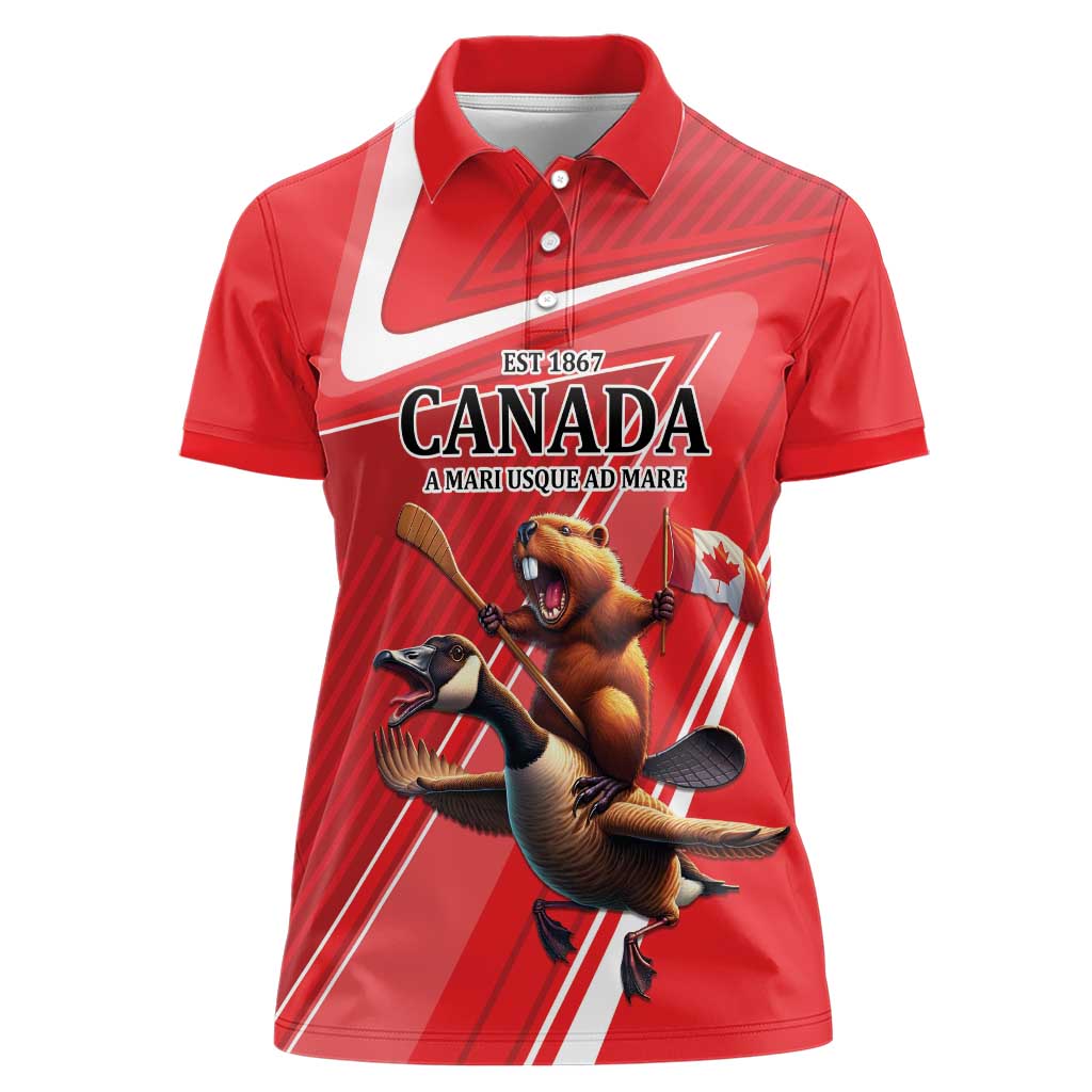 Personalized Beaver and Goose Happy Canada Day Women Polo Shirt Est 1867 A Mari Usque Ad Mare