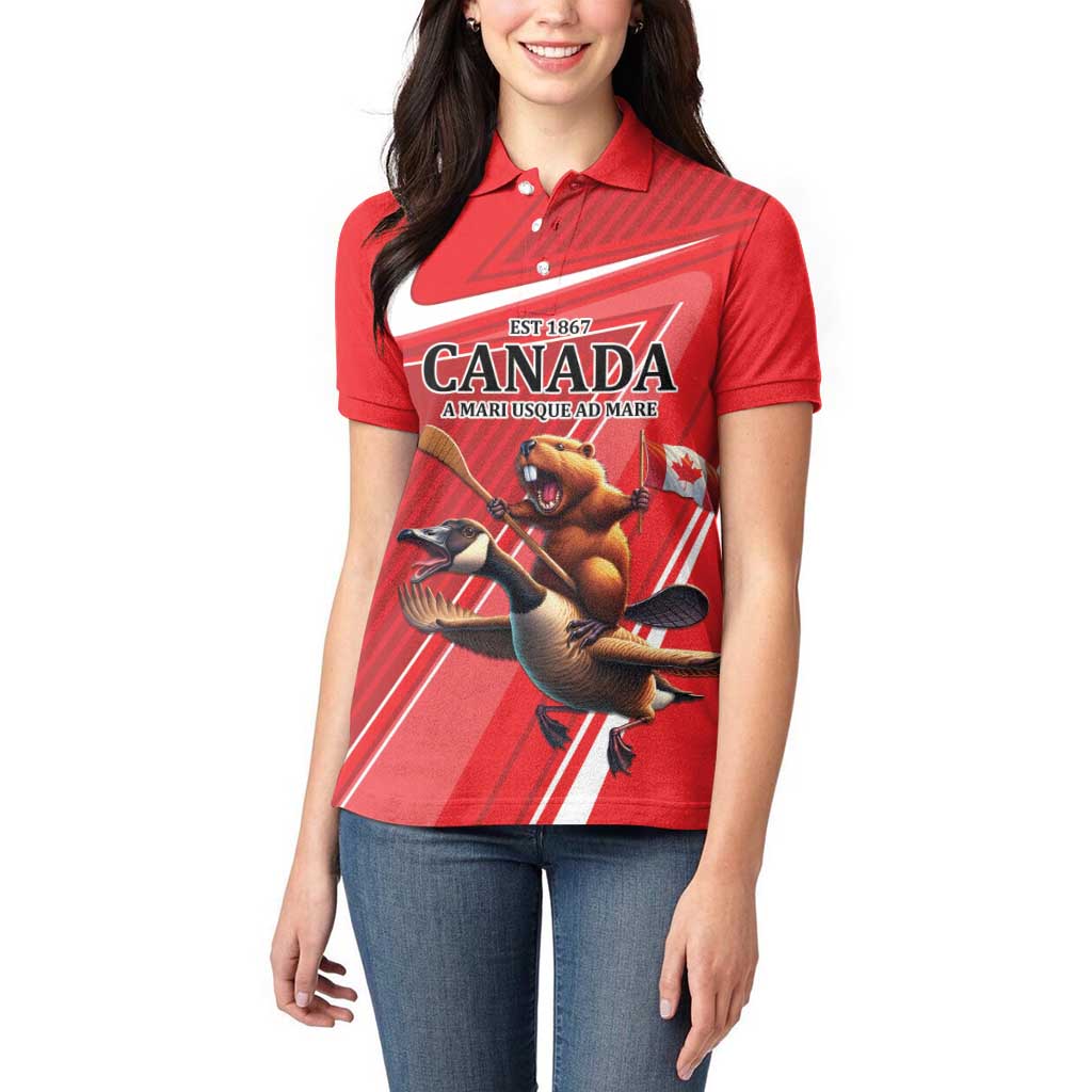 Personalized Beaver and Goose Happy Canada Day Women Polo Shirt Est 1867 A Mari Usque Ad Mare