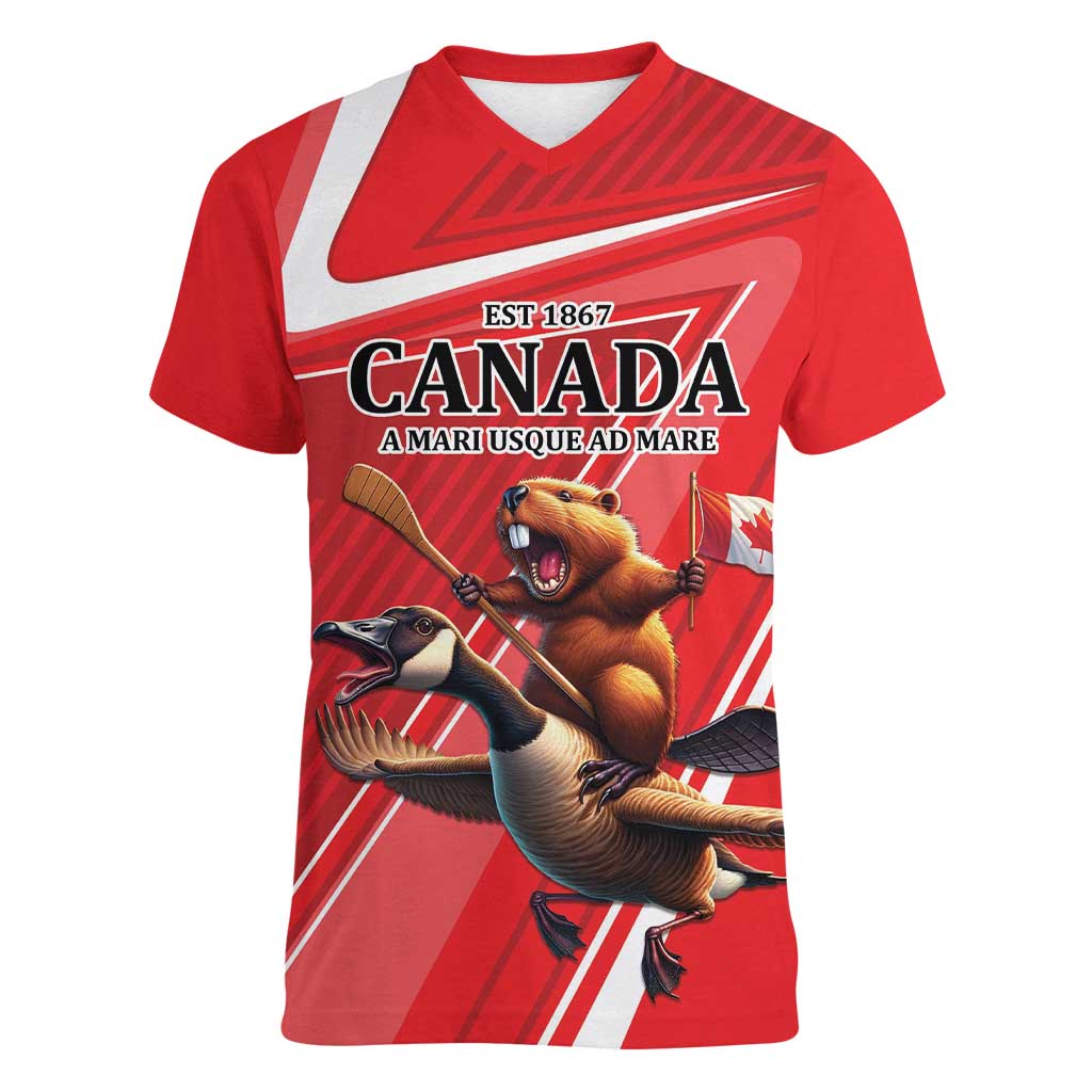 Personalized Beaver and Goose Happy Canada Day Women V-Neck T-Shirt Est 1867 A Mari Usque Ad Mare