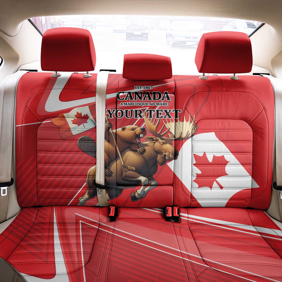 Personalized Beaver and Moose Happy Canada Day Back Car Seat Cover Est 1867 A Mari Usque Ad Mare