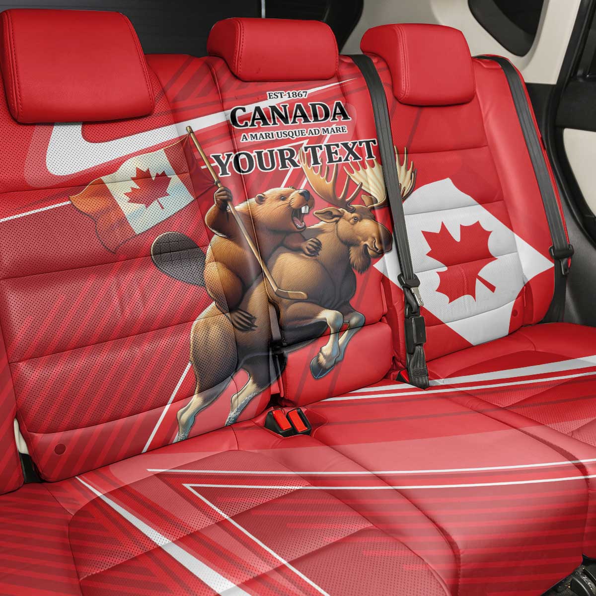 Personalized Beaver and Moose Happy Canada Day Back Car Seat Cover Est 1867 A Mari Usque Ad Mare