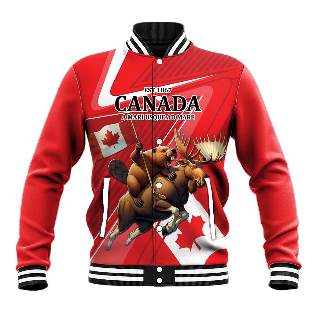 Personalized Beaver and Moose Happy Canada Day Baseball Jacket Est 1867 A Mari Usque Ad Mare