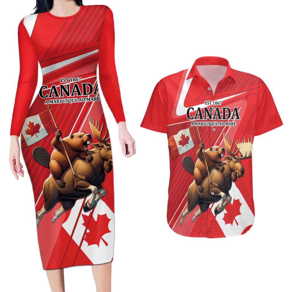 Personalized Beaver and Moose Happy Canada Day Couples Matching Long Sleeve Bodycon Dress and Hawaiian Shirt Est 1867 A Mari Usque Ad Mare