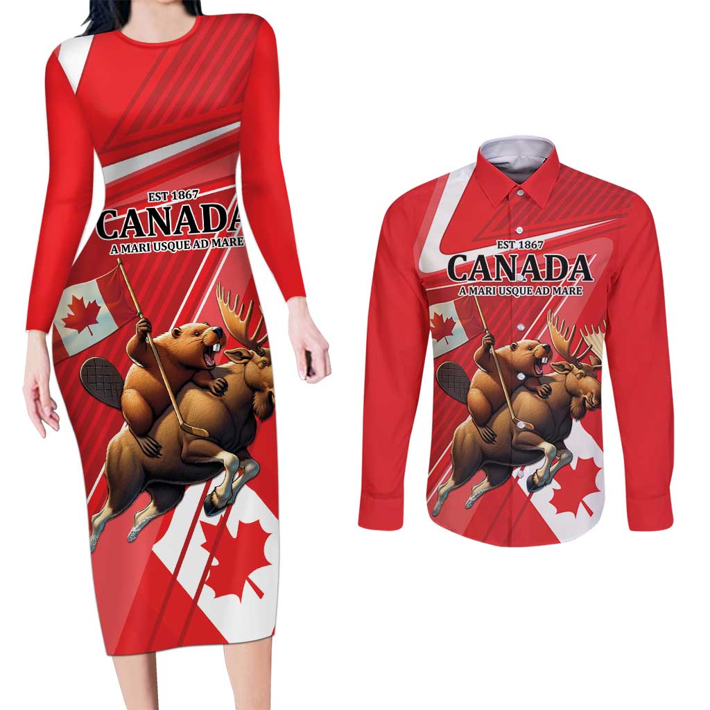 Personalized Beaver and Moose Happy Canada Day Couples Matching Long Sleeve Bodycon Dress and Long Sleeve Button Shirt Est 1867 A Mari Usque Ad Mare