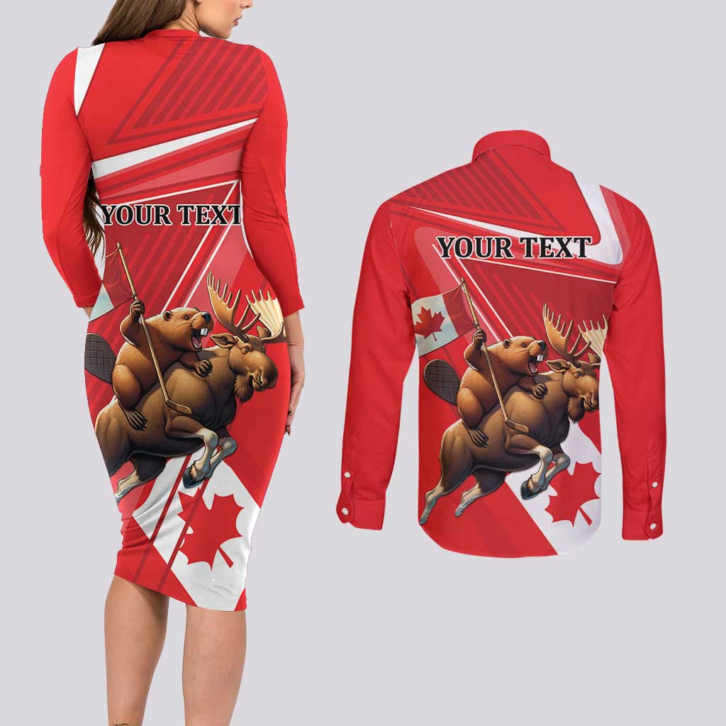 Personalized Beaver and Moose Happy Canada Day Couples Matching Long Sleeve Bodycon Dress and Long Sleeve Button Shirt Est 1867 A Mari Usque Ad Mare