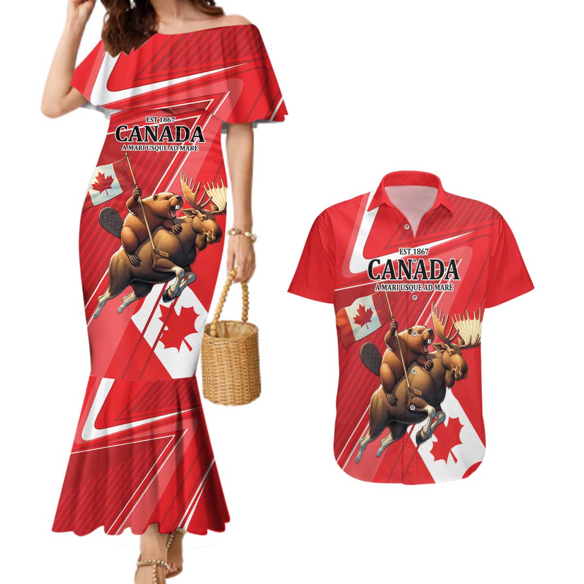 Personalized Beaver and Moose Happy Canada Day Couples Matching Mermaid Dress and Hawaiian Shirt Est 1867 A Mari Usque Ad Mare