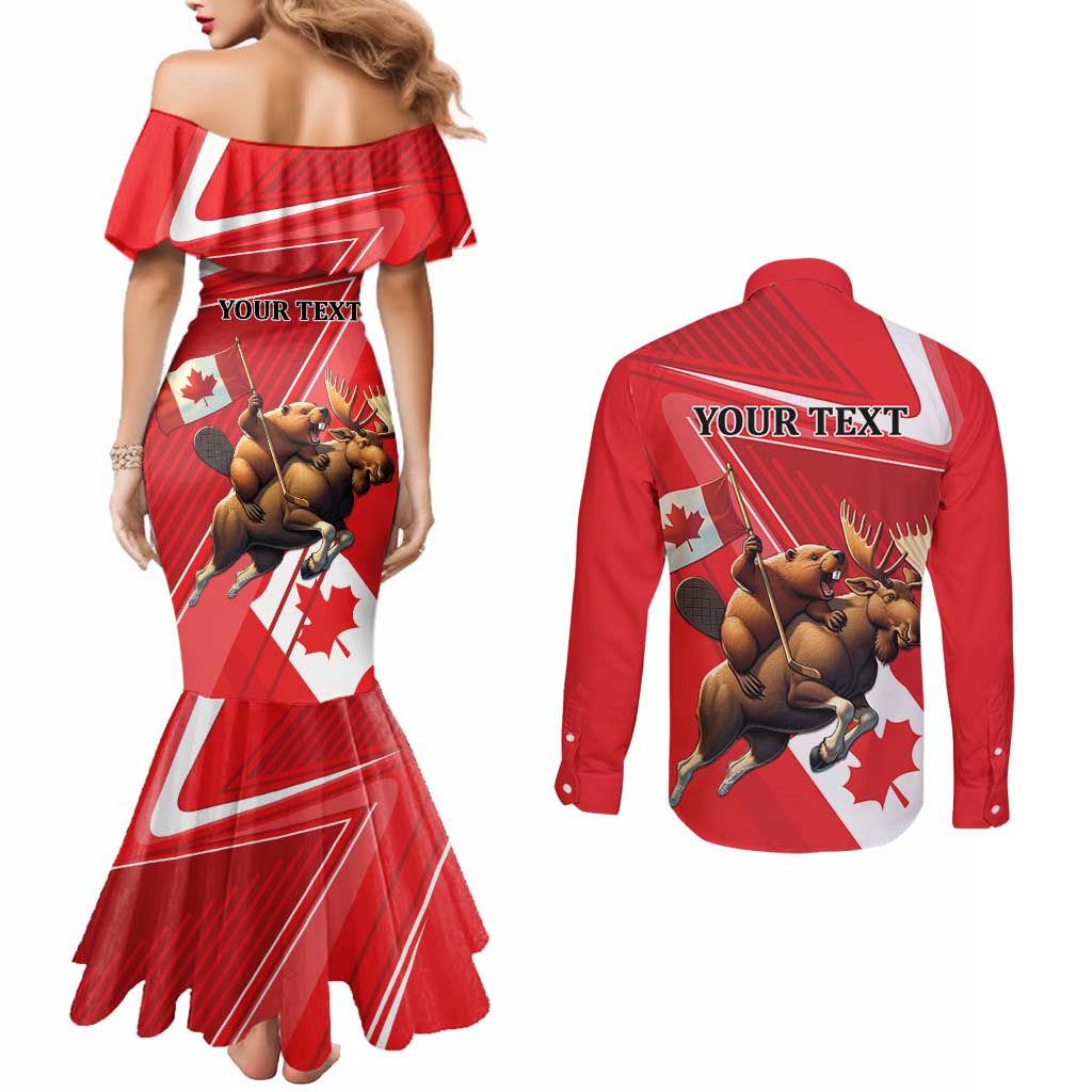 Personalized Beaver and Moose Happy Canada Day Couples Matching Mermaid Dress and Long Sleeve Button Shirt Est 1867 A Mari Usque Ad Mare