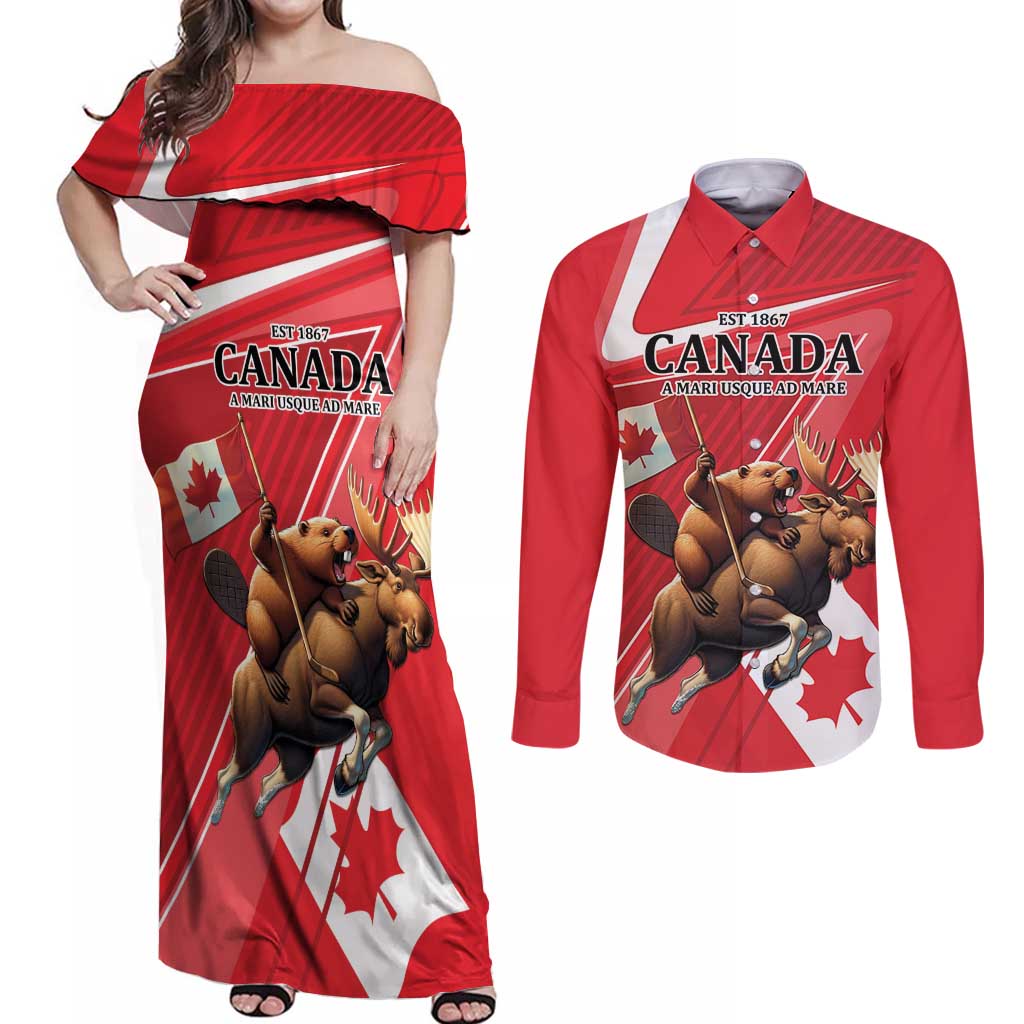 Personalized Beaver and Moose Happy Canada Day Couples Matching Off Shoulder Maxi Dress and Long Sleeve Button Shirt Est 1867 A Mari Usque Ad Mare