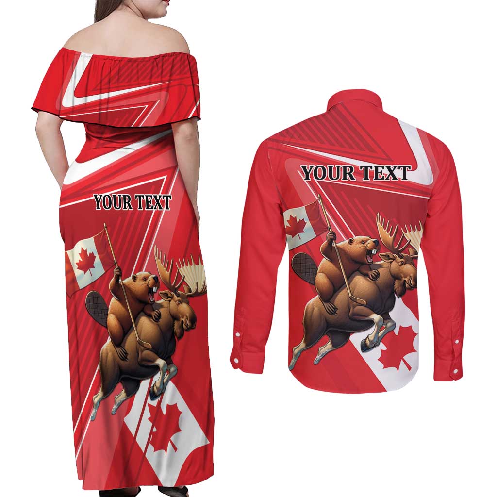 Personalized Beaver and Moose Happy Canada Day Couples Matching Off Shoulder Maxi Dress and Long Sleeve Button Shirt Est 1867 A Mari Usque Ad Mare