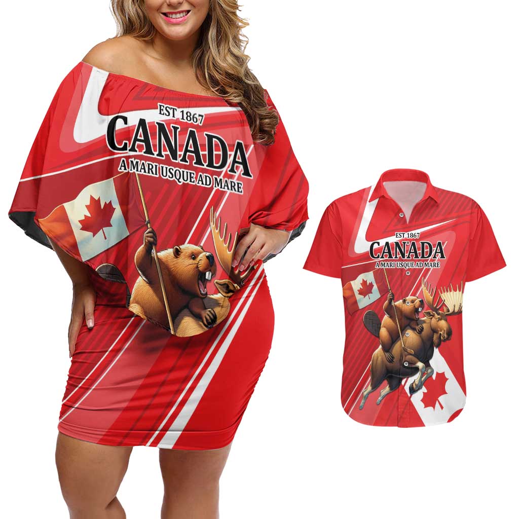 Personalized Beaver and Moose Happy Canada Day Couples Matching Off Shoulder Short Dress and Hawaiian Shirt Est 1867 A Mari Usque Ad Mare