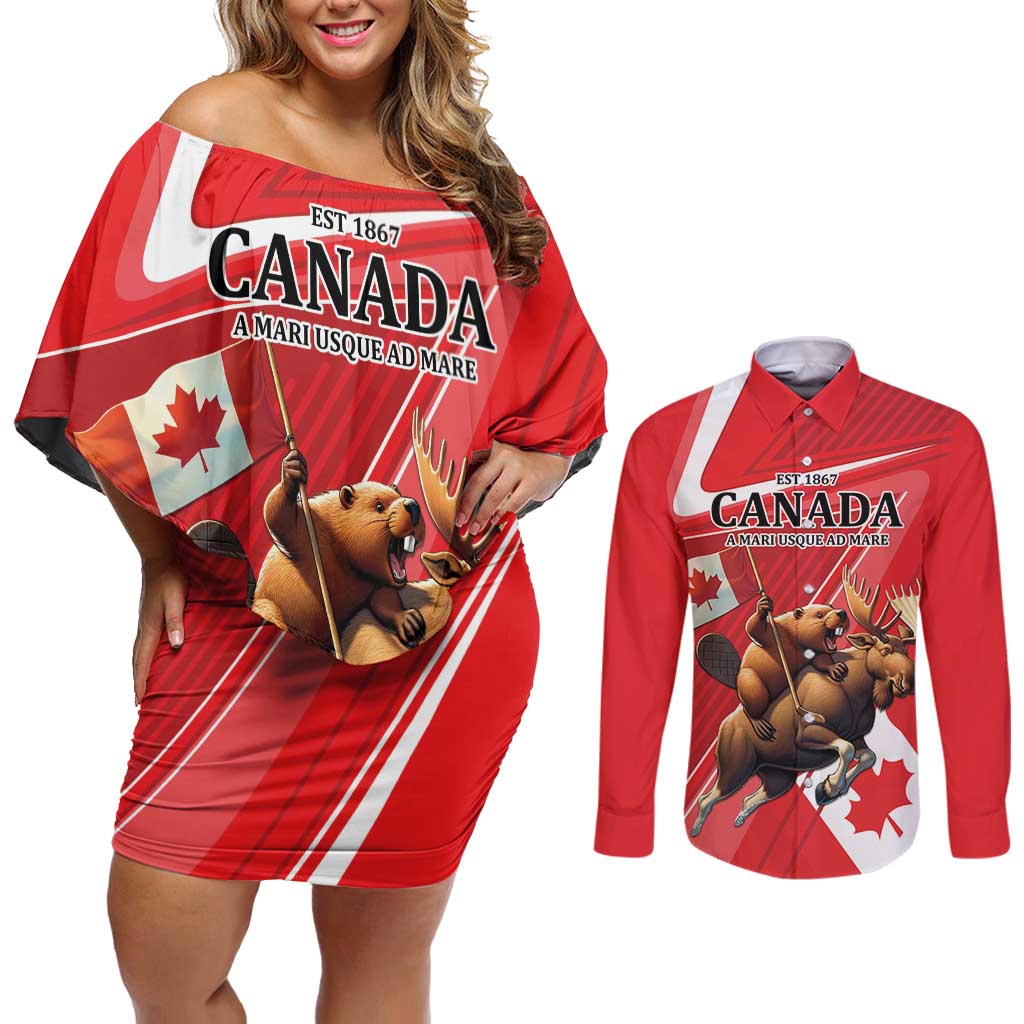 Personalized Beaver and Moose Happy Canada Day Couples Matching Off Shoulder Short Dress and Long Sleeve Button Shirt Est 1867 A Mari Usque Ad Mare