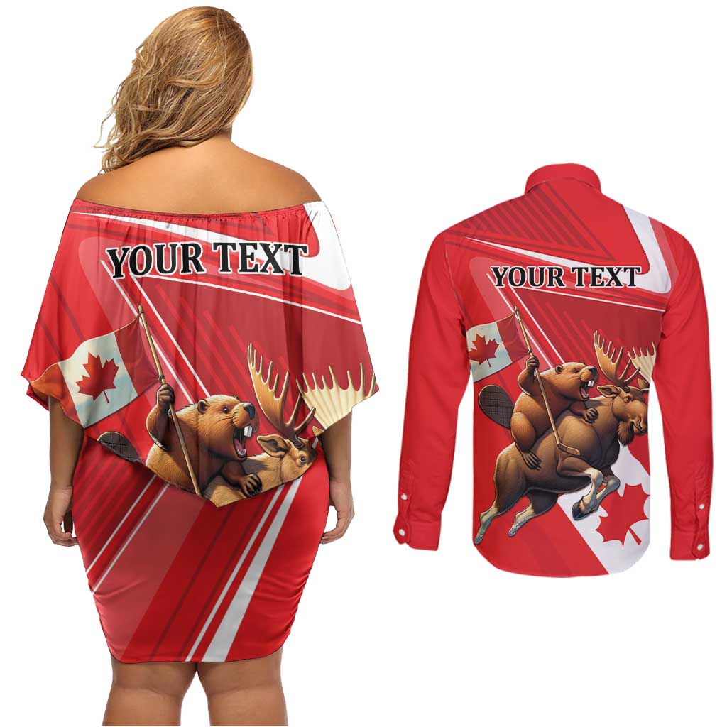 Personalized Beaver and Moose Happy Canada Day Couples Matching Off Shoulder Short Dress and Long Sleeve Button Shirt Est 1867 A Mari Usque Ad Mare
