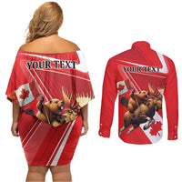 Personalized Beaver and Moose Happy Canada Day Couples Matching Off Shoulder Short Dress and Long Sleeve Button Shirt Est 1867 A Mari Usque Ad Mare