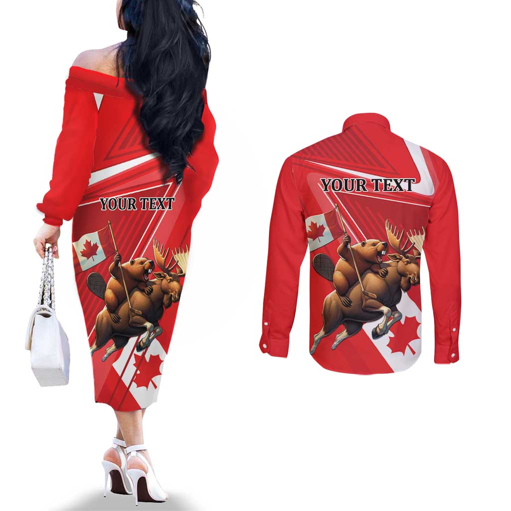 Personalized Beaver and Moose Happy Canada Day Couples Matching Off The Shoulder Long Sleeve Dress and Long Sleeve Button Shirt Est 1867 A Mari Usque Ad Mare