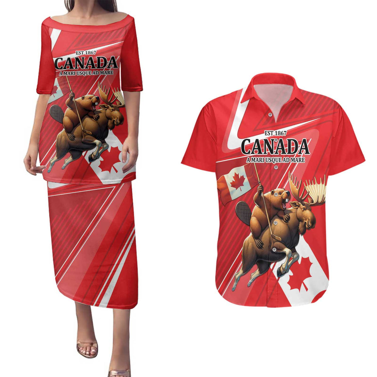 Personalized Beaver and Moose Happy Canada Day Couples Matching Puletasi and Hawaiian Shirt Est 1867 A Mari Usque Ad Mare