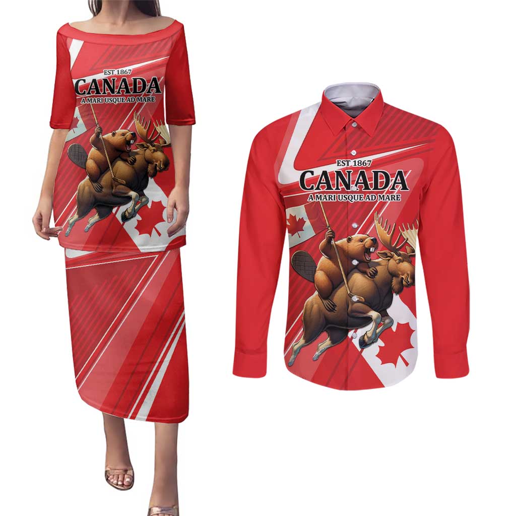 Personalized Beaver and Moose Happy Canada Day Couples Matching Puletasi and Long Sleeve Button Shirt Est 1867 A Mari Usque Ad Mare
