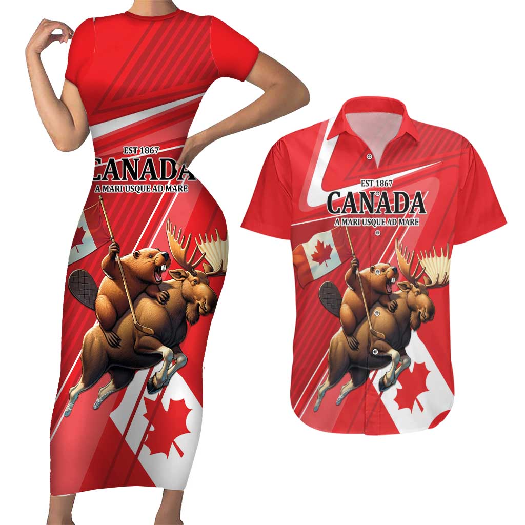 Personalized Beaver and Moose Happy Canada Day Couples Matching Short Sleeve Bodycon Dress and Hawaiian Shirt Est 1867 A Mari Usque Ad Mare