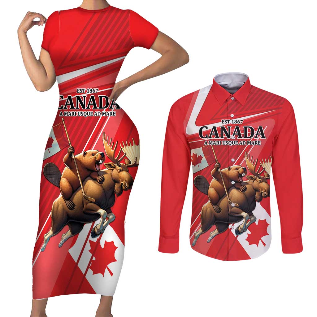 Personalized Beaver and Moose Happy Canada Day Couples Matching Short Sleeve Bodycon Dress and Long Sleeve Button Shirt Est 1867 A Mari Usque Ad Mare