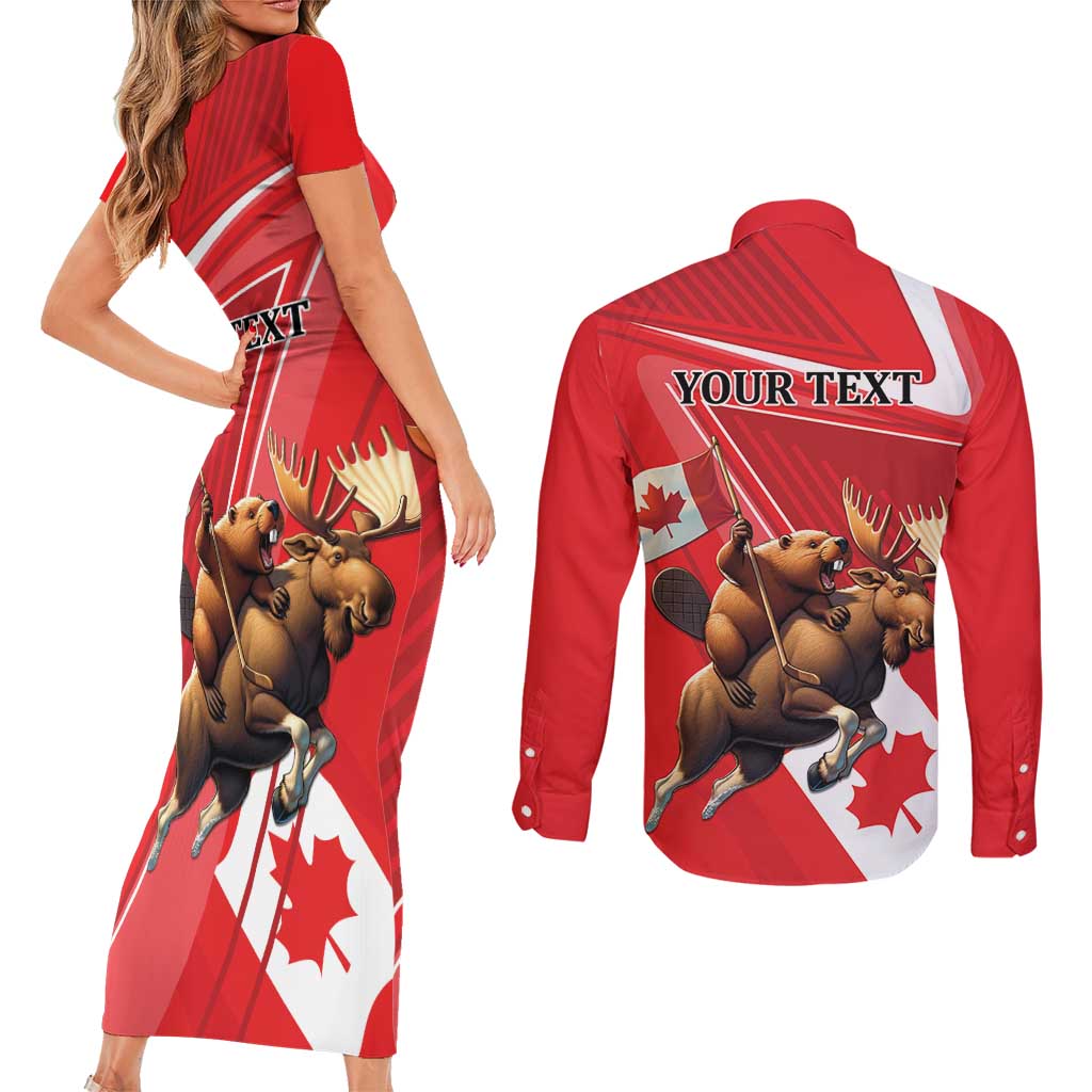 Personalized Beaver and Moose Happy Canada Day Couples Matching Short Sleeve Bodycon Dress and Long Sleeve Button Shirt Est 1867 A Mari Usque Ad Mare