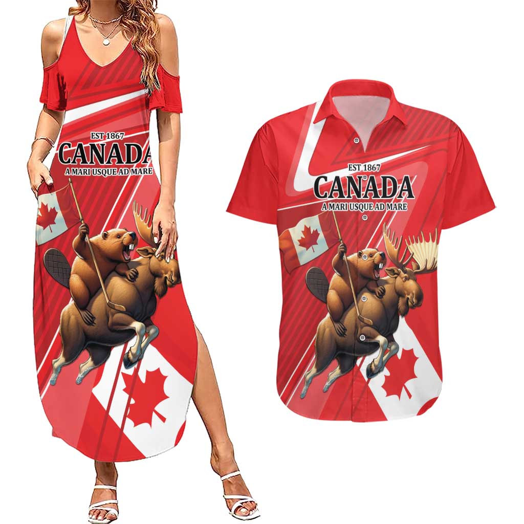 Personalized Beaver and Moose Happy Canada Day Couples Matching Summer Maxi Dress and Hawaiian Shirt Est 1867 A Mari Usque Ad Mare