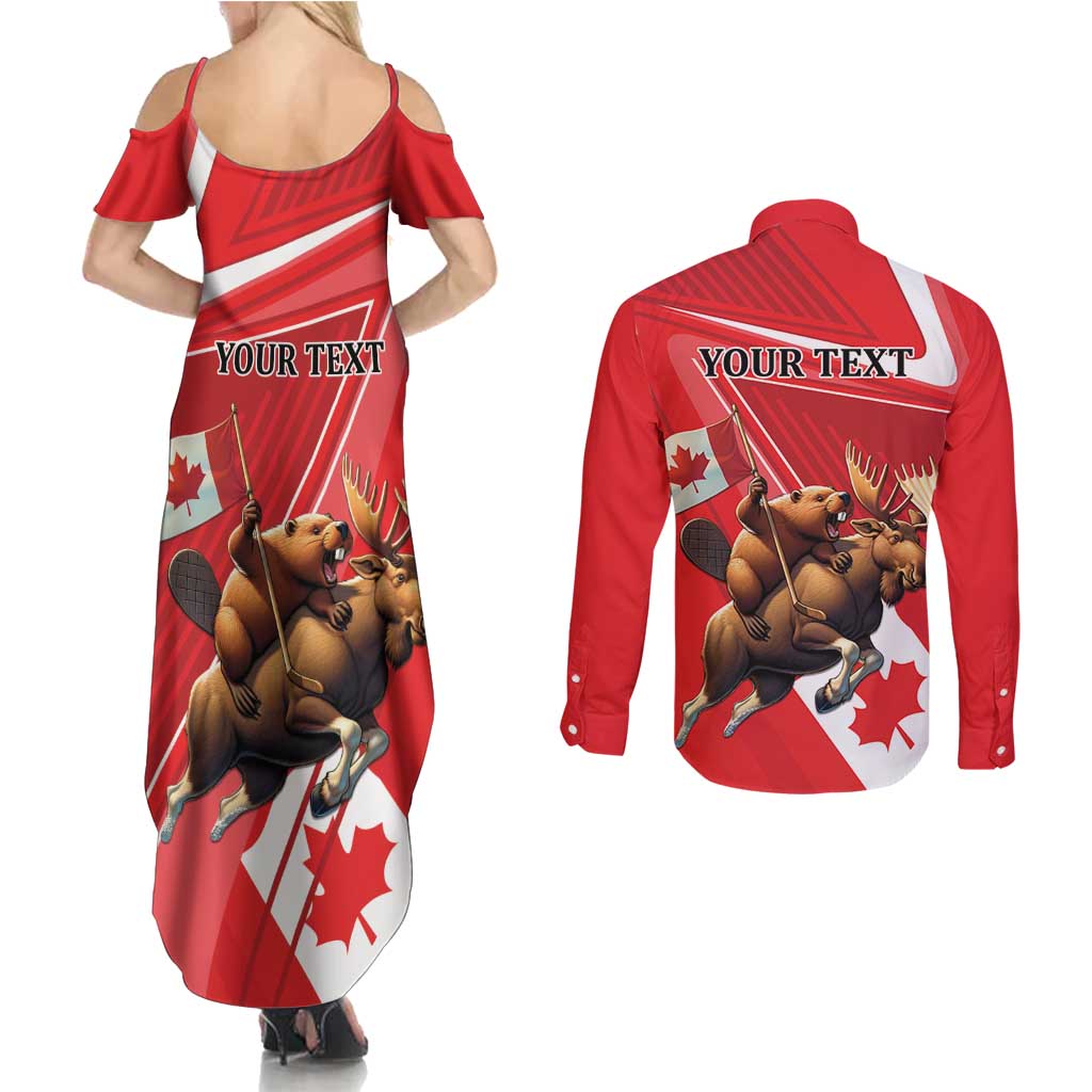 Personalized Beaver and Moose Happy Canada Day Couples Matching Summer Maxi Dress and Long Sleeve Button Shirt Est 1867 A Mari Usque Ad Mare
