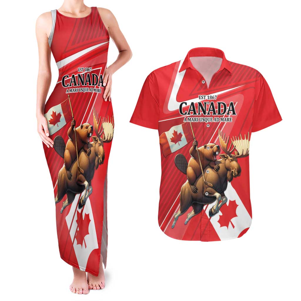Personalized Beaver and Moose Happy Canada Day Couples Matching Tank Maxi Dress and Hawaiian Shirt Est 1867 A Mari Usque Ad Mare