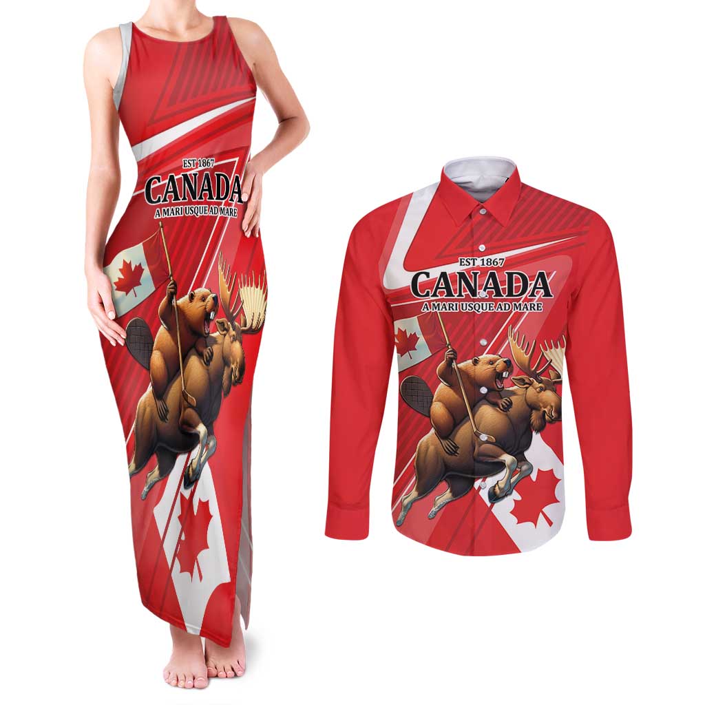 Personalized Beaver and Moose Happy Canada Day Couples Matching Tank Maxi Dress and Long Sleeve Button Shirt Est 1867 A Mari Usque Ad Mare