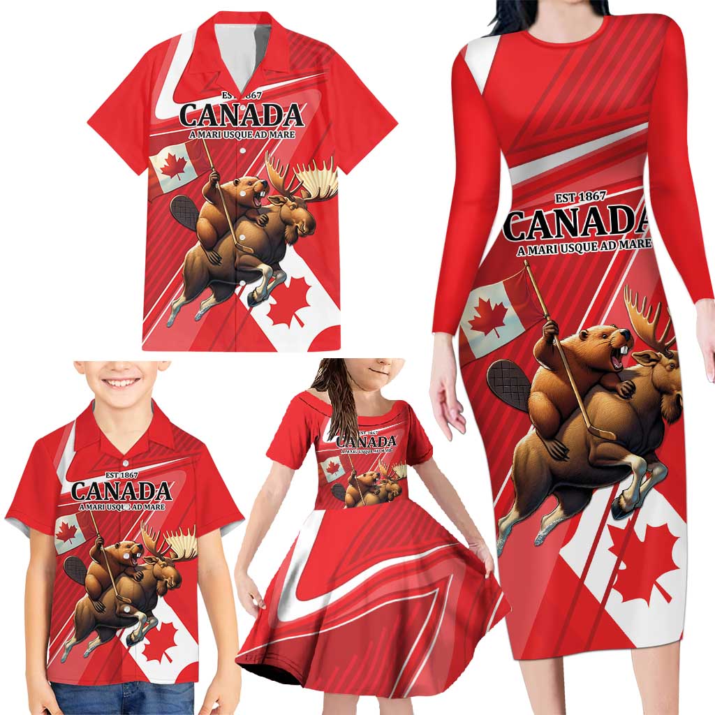 Personalized Beaver and Moose Happy Canada Day Family Matching Long Sleeve Bodycon Dress and Hawaiian Shirt Est 1867 A Mari Usque Ad Mare