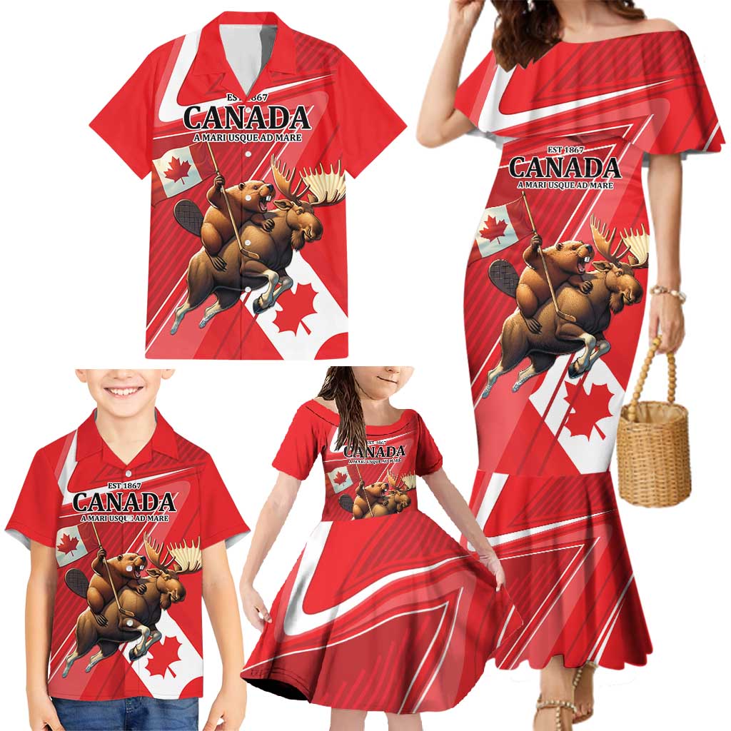 Personalized Beaver and Moose Happy Canada Day Family Matching Mermaid Dress and Hawaiian Shirt Est 1867 A Mari Usque Ad Mare