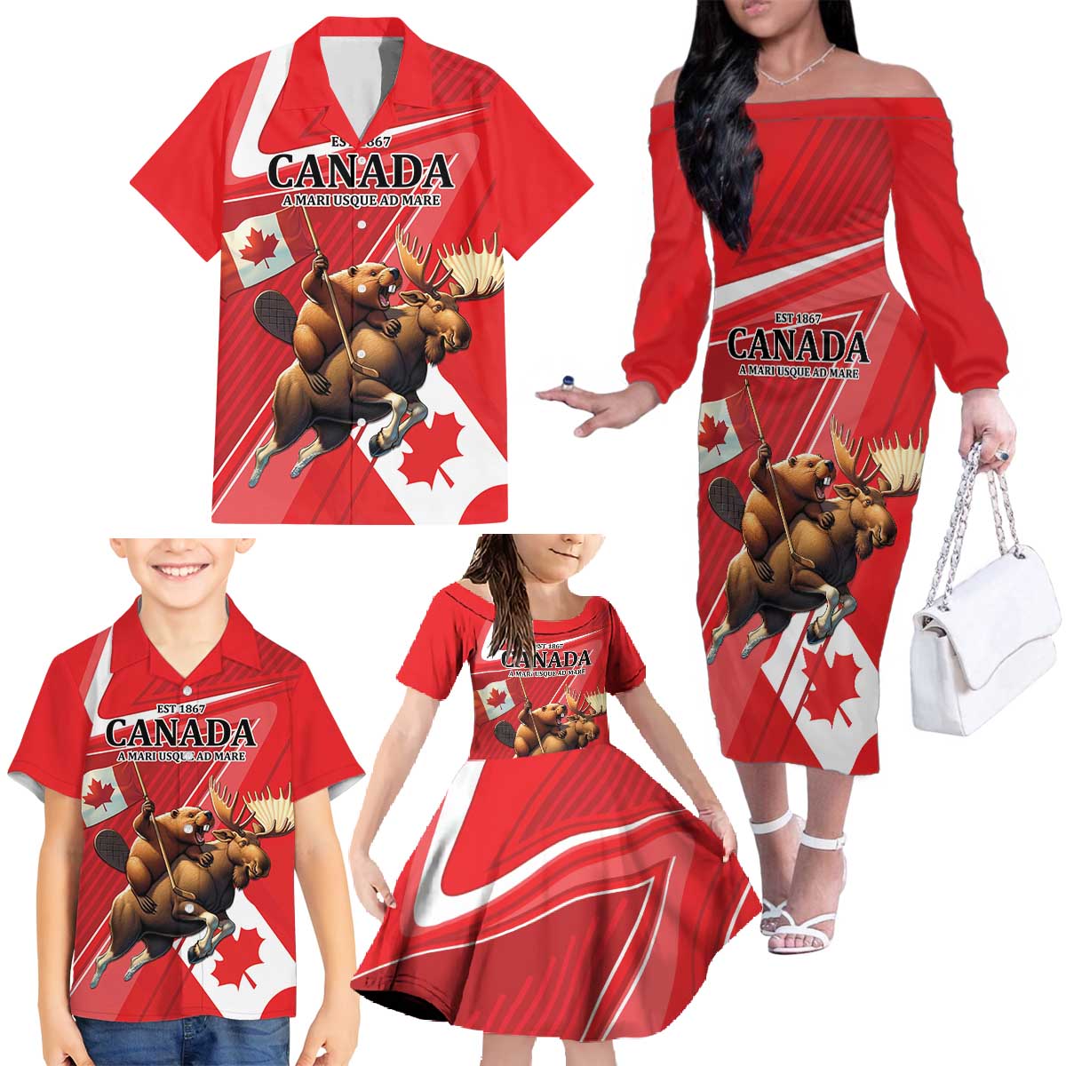 Personalized Beaver and Moose Happy Canada Day Family Matching Off The Shoulder Long Sleeve Dress and Hawaiian Shirt Est 1867 A Mari Usque Ad Mare