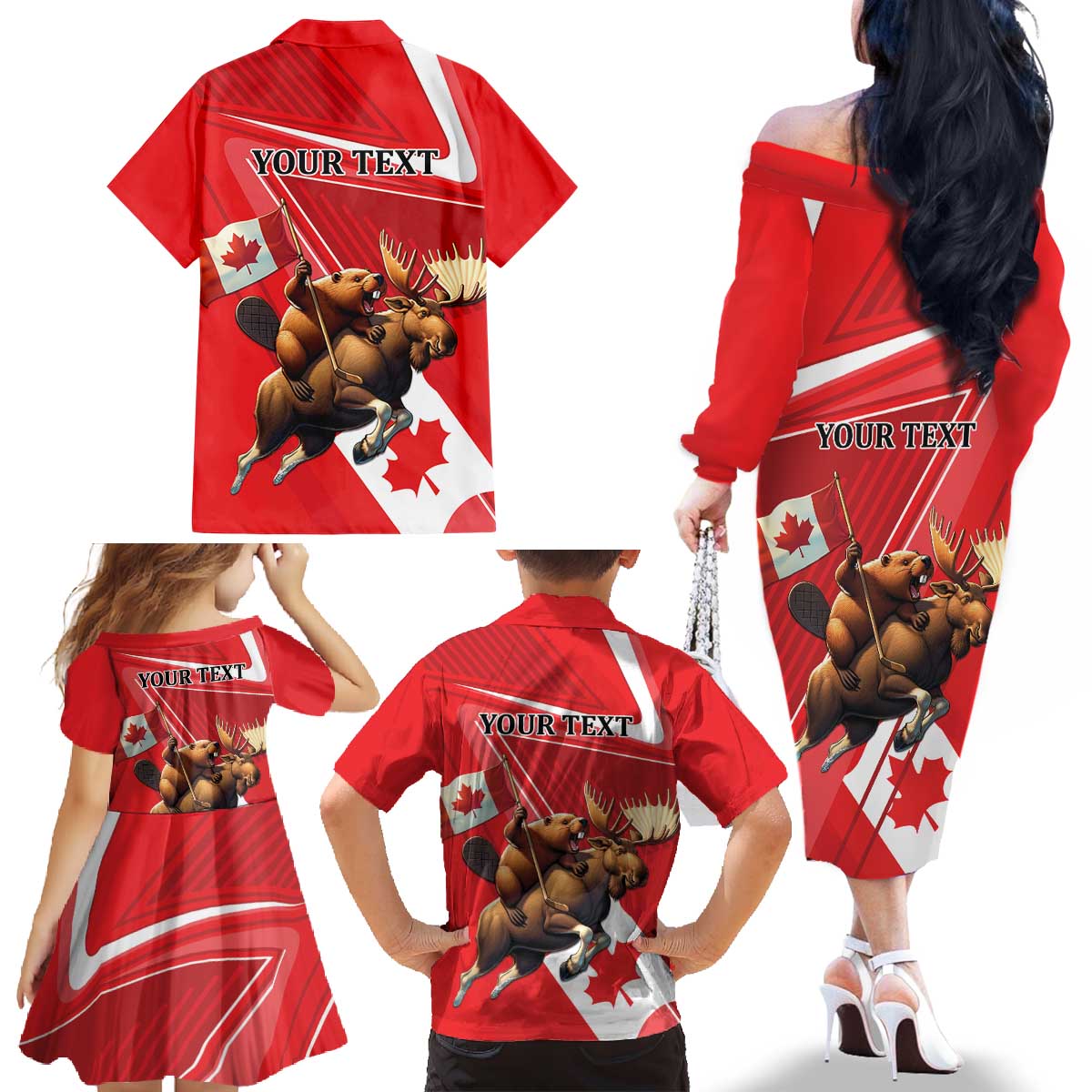 Personalized Beaver and Moose Happy Canada Day Family Matching Off The Shoulder Long Sleeve Dress and Hawaiian Shirt Est 1867 A Mari Usque Ad Mare