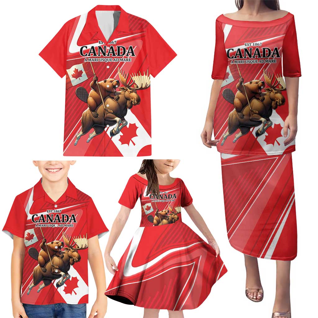 Personalized Beaver and Moose Happy Canada Day Family Matching Puletasi and Hawaiian Shirt Est 1867 A Mari Usque Ad Mare