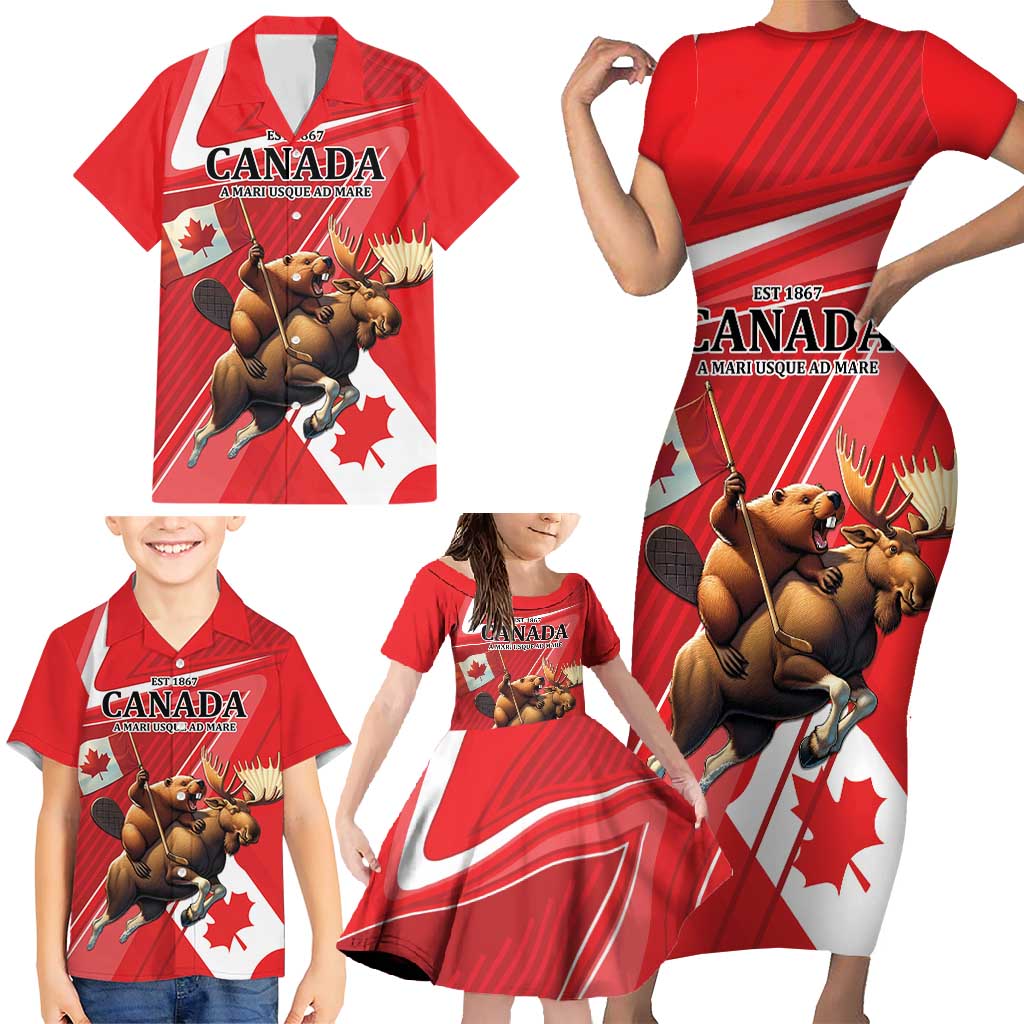 Personalized Beaver and Moose Happy Canada Day Family Matching Short Sleeve Bodycon Dress and Hawaiian Shirt Est 1867 A Mari Usque Ad Mare
