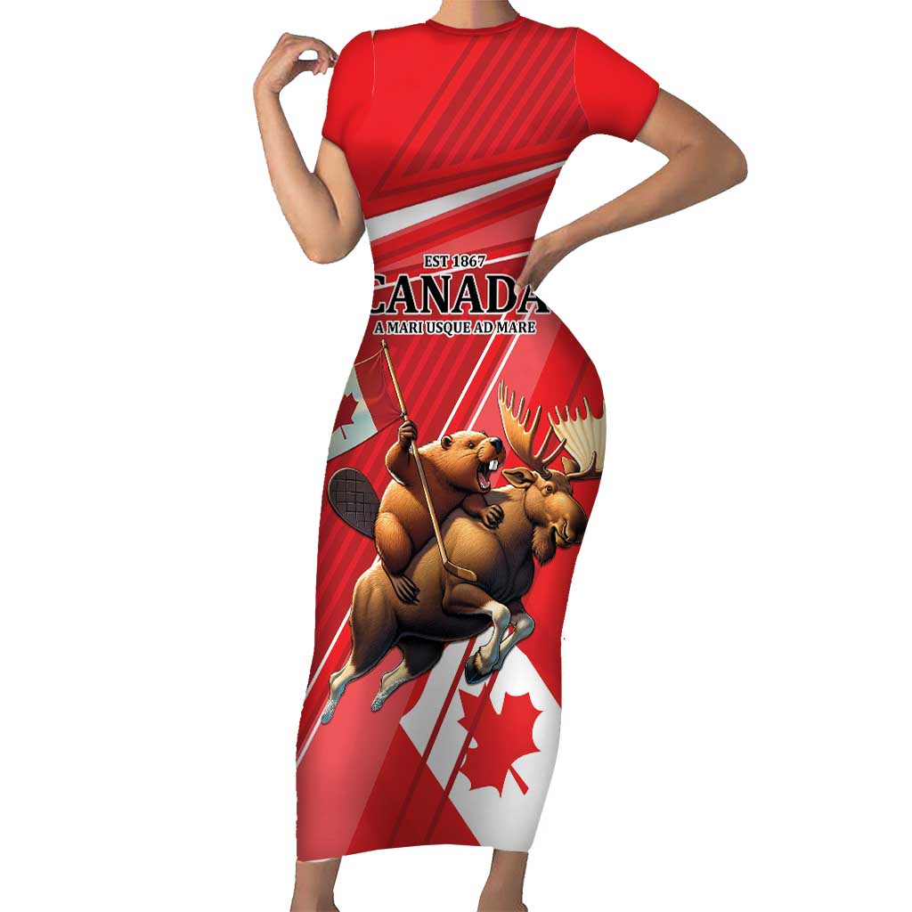 Personalized Beaver and Moose Happy Canada Day Family Matching Short Sleeve Bodycon Dress and Hawaiian Shirt Est 1867 A Mari Usque Ad Mare