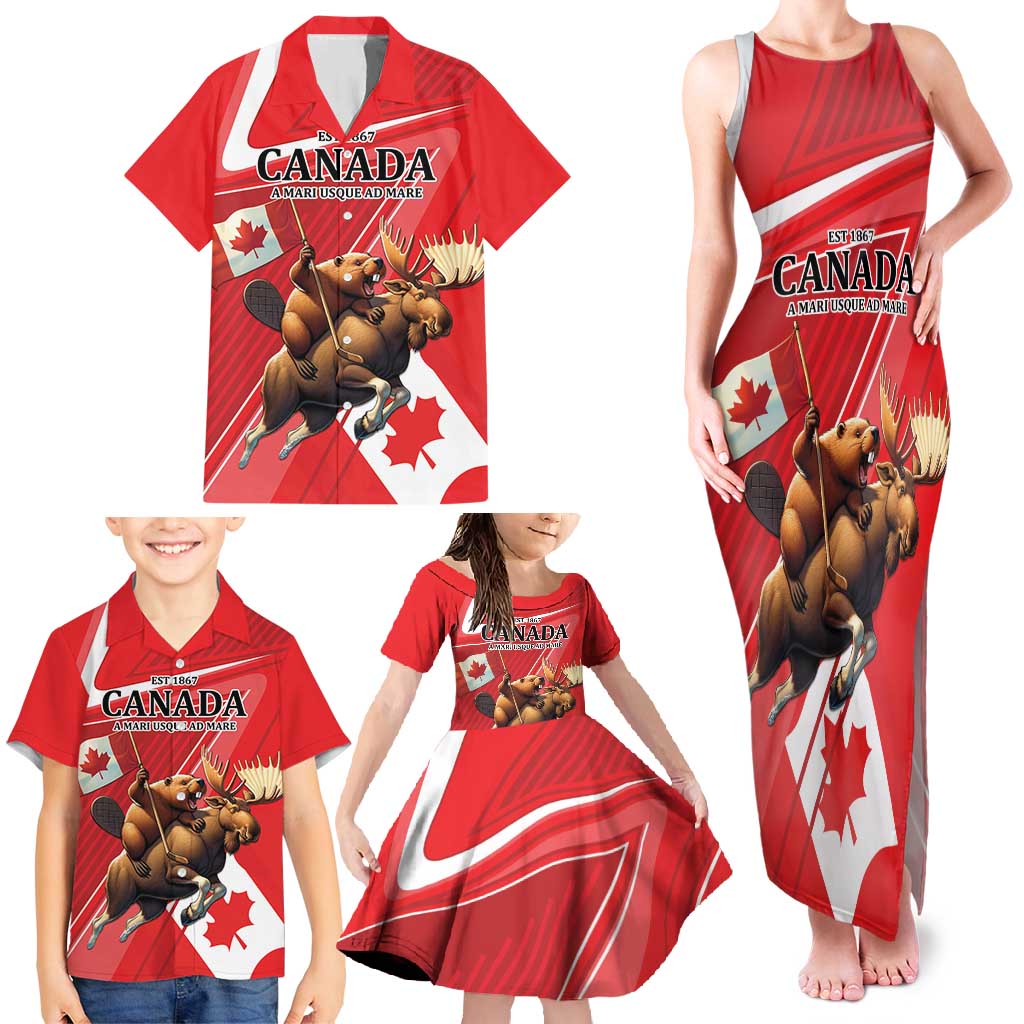 Personalized Beaver and Moose Happy Canada Day Family Matching Tank Maxi Dress and Hawaiian Shirt Est 1867 A Mari Usque Ad Mare