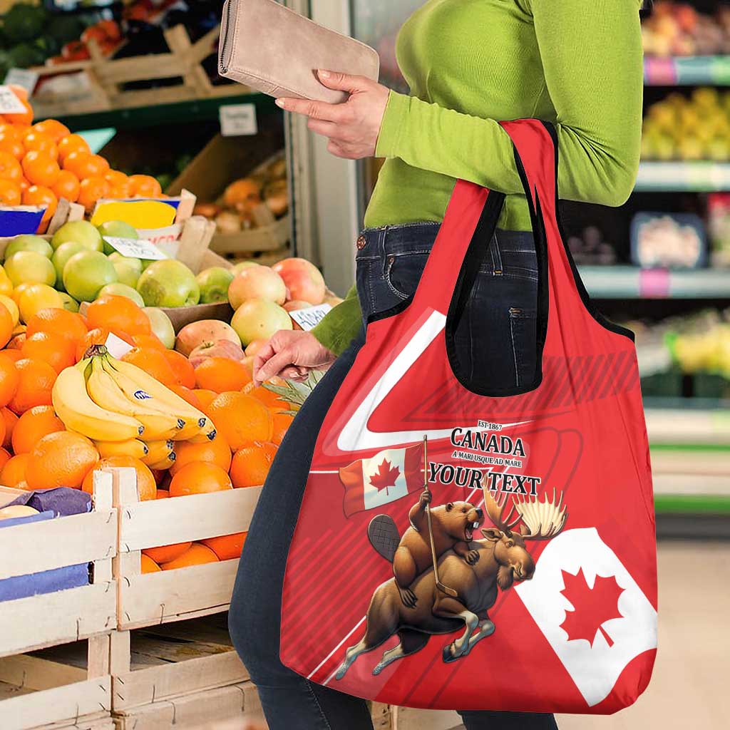 Personalized Beaver and Moose Happy Canada Day Grocery Bag Est 1867 A Mari Usque Ad Mare