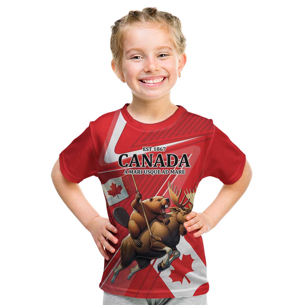Personalized Beaver and Moose Happy Canada Day Kid T Shirt Est 1867 A Mari Usque Ad Mare