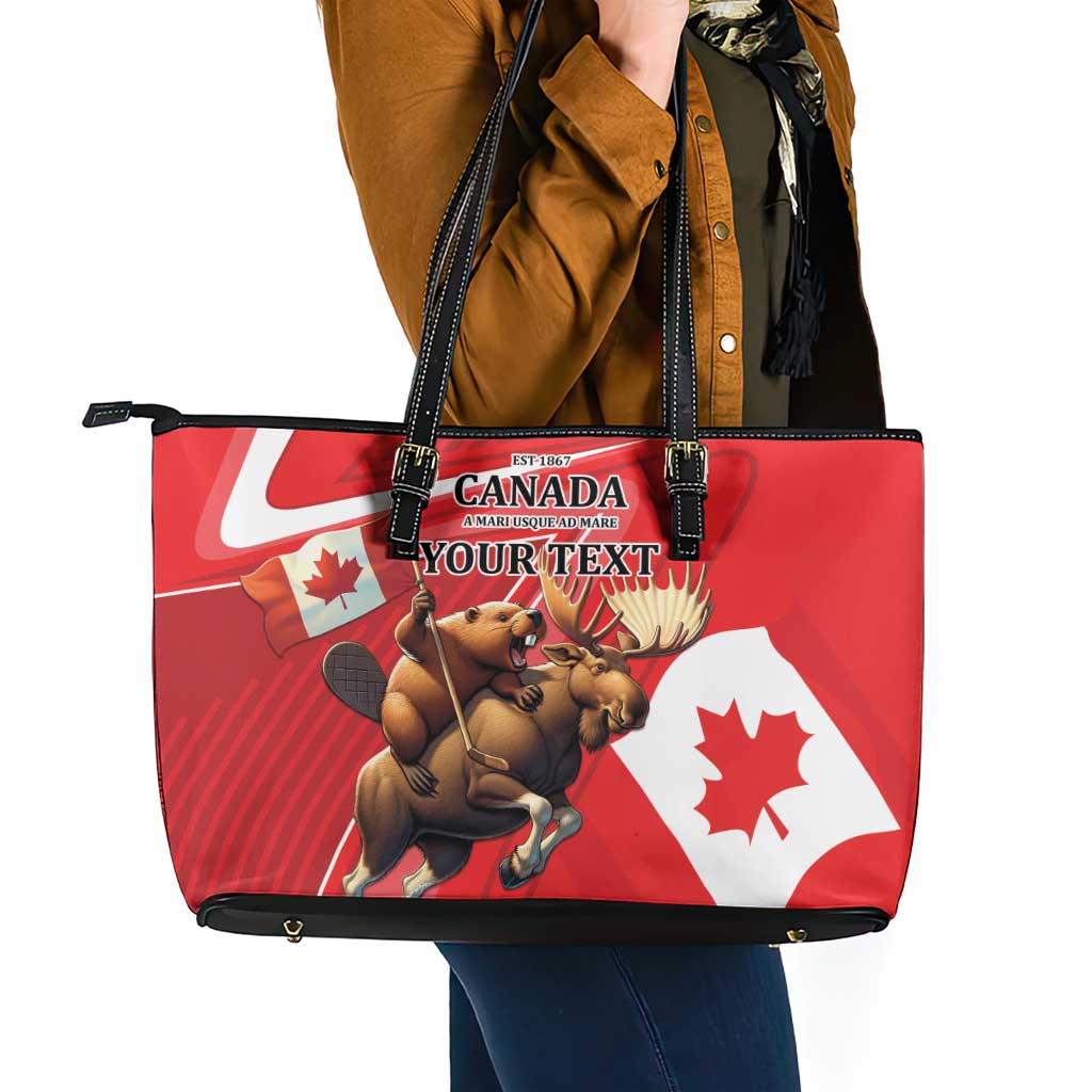 Personalized Beaver and Moose Happy Canada Day Leather Tote Bag Est 1867 A Mari Usque Ad Mare