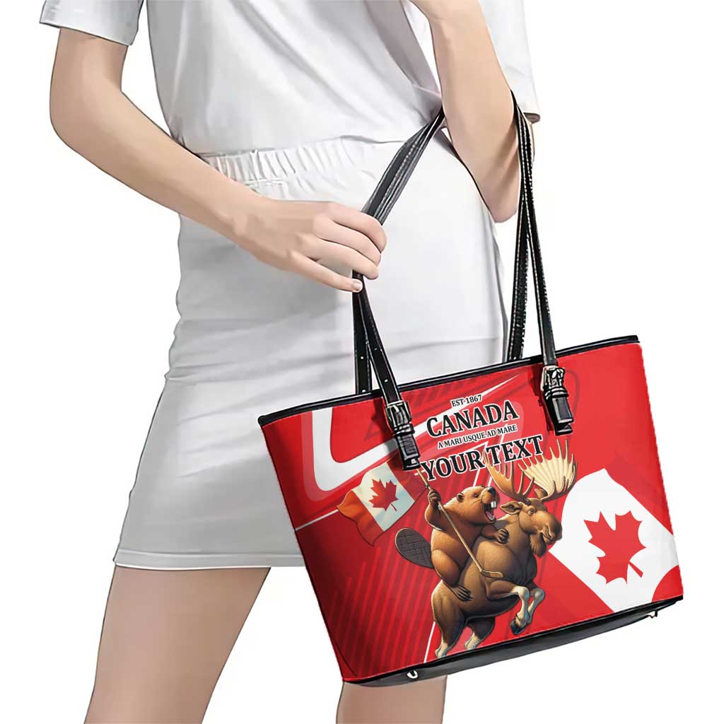 Personalized Beaver and Moose Happy Canada Day Leather Tote Bag Est 1867 A Mari Usque Ad Mare