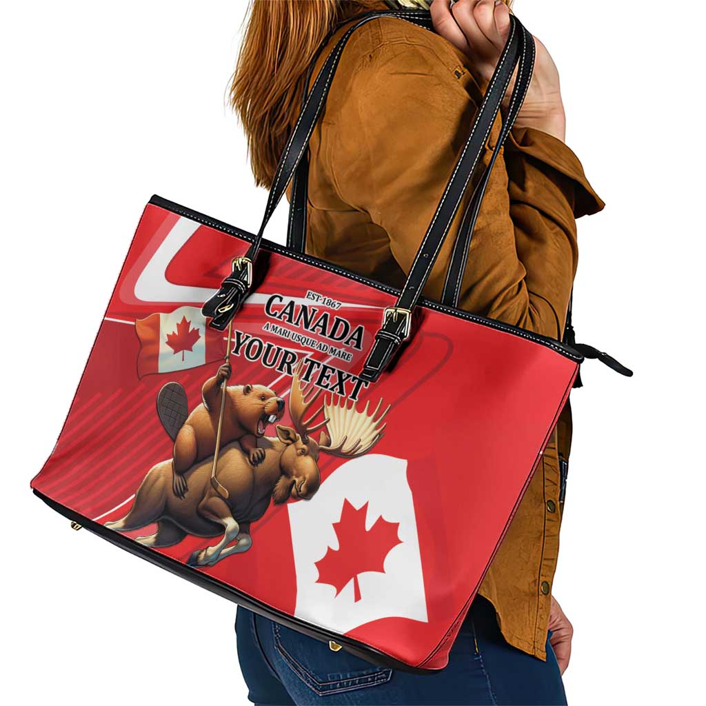 Personalized Beaver and Moose Happy Canada Day Leather Tote Bag Est 1867 A Mari Usque Ad Mare