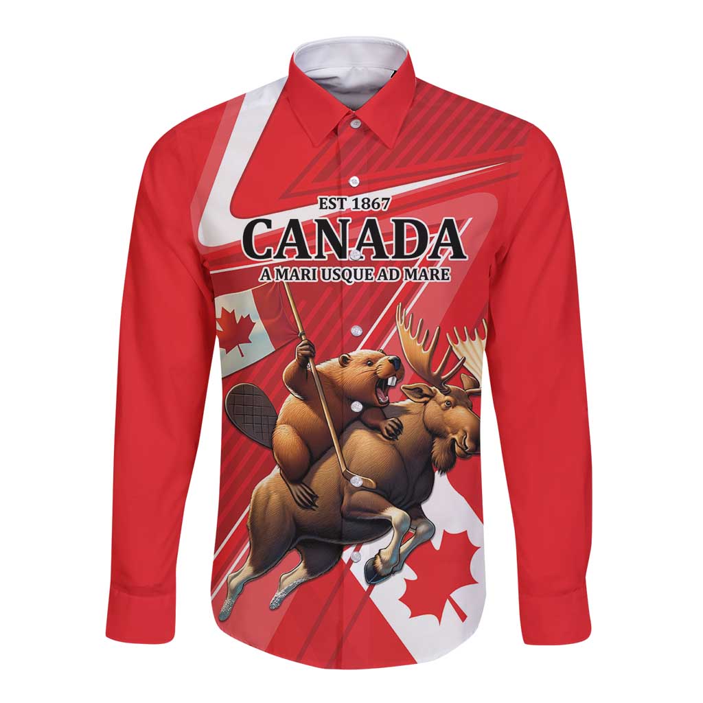 Personalized Beaver and Moose Happy Canada Day Long Sleeve Button Shirt Est 1867 A Mari Usque Ad Mare