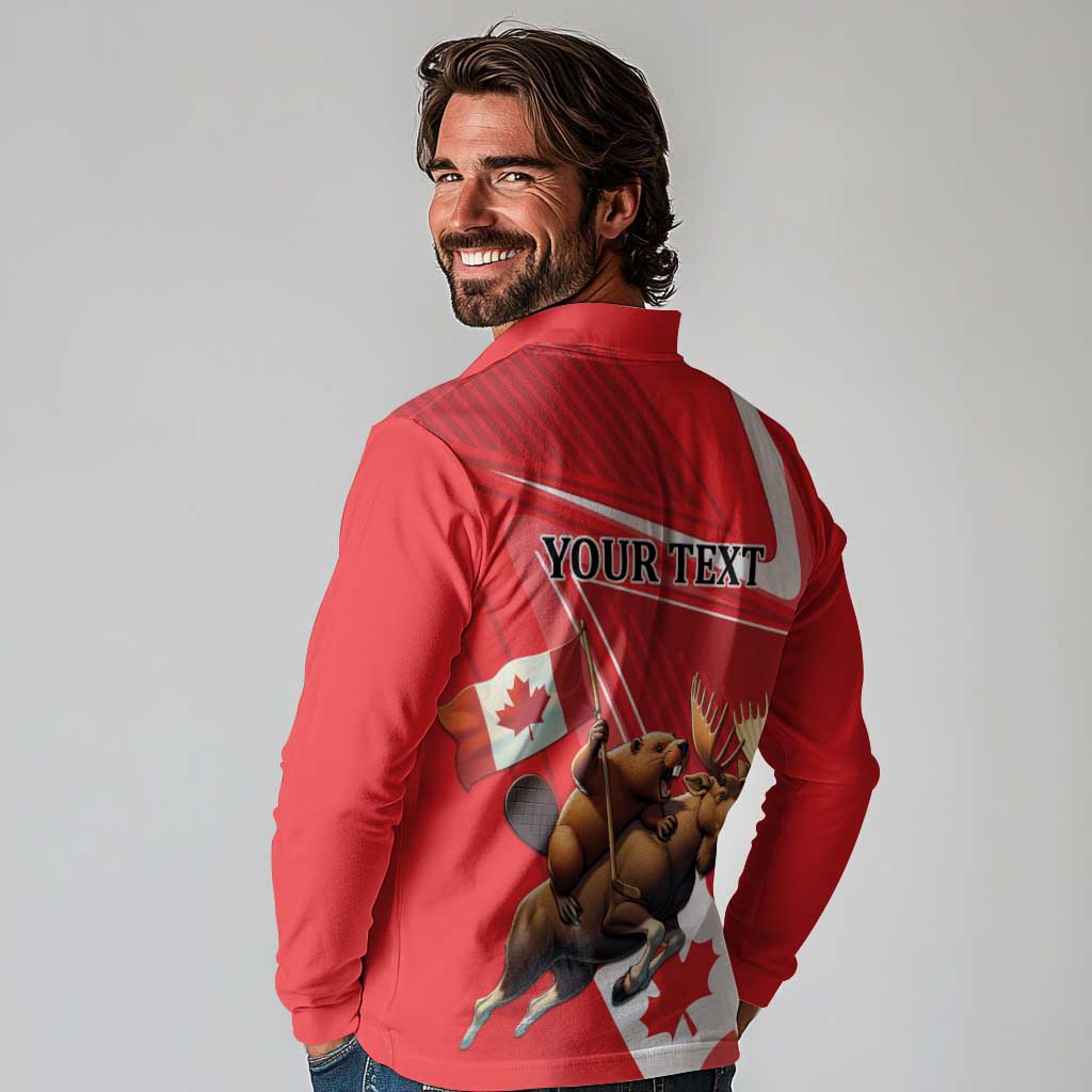 Personalized Beaver and Moose Happy Canada Day Long Sleeve Polo Shirt Est 1867 A Mari Usque Ad Mare