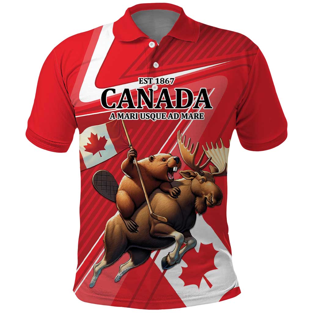 Personalized Beaver and Moose Happy Canada Day Polo Shirt Est 1867 A Mari Usque Ad Mare